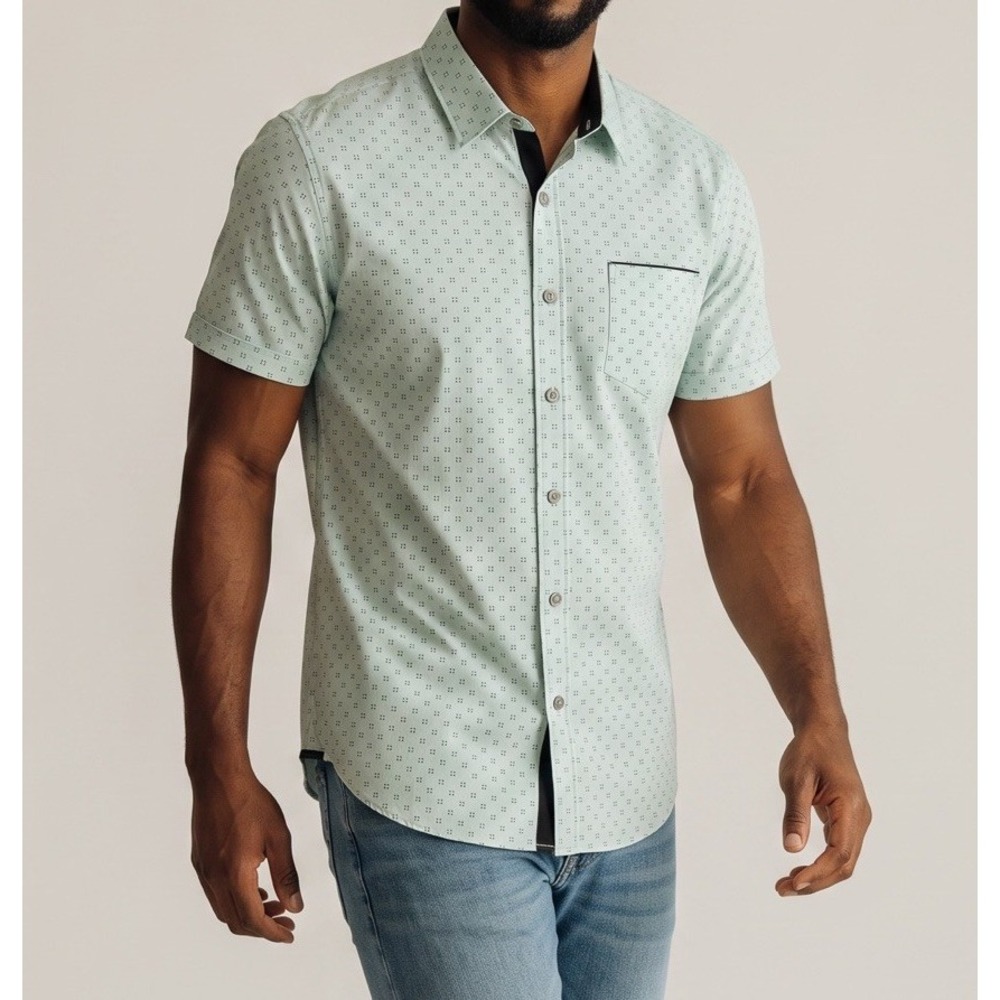 7DIAMONDS Bethel Button Front Shirt Men's M Blue 4 Way Stretch Geometric NWT